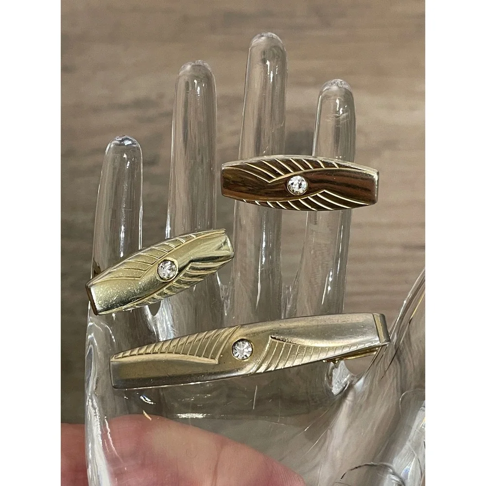 Anson Cufflinks Tie Clip Set Vintage‎ Gold Tone Rhinestone Sunburst Elegant